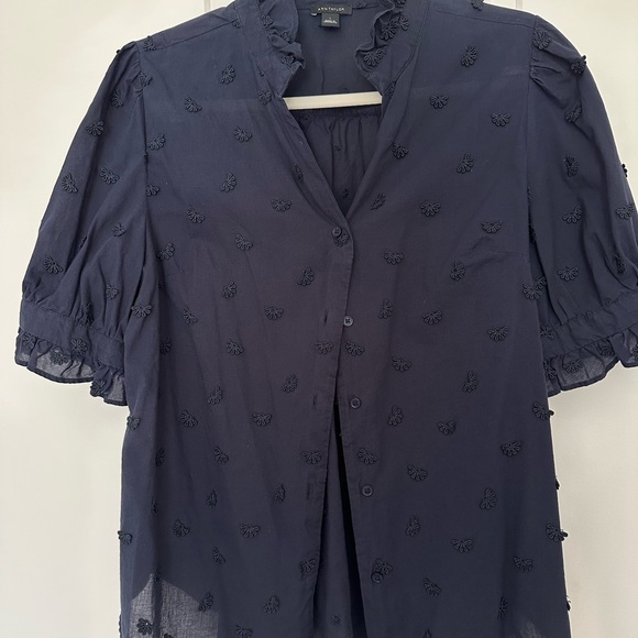 Ann Taylor Tops - Ann Taylor Navy Blue Embroidered Ruffle Neck Women's Top